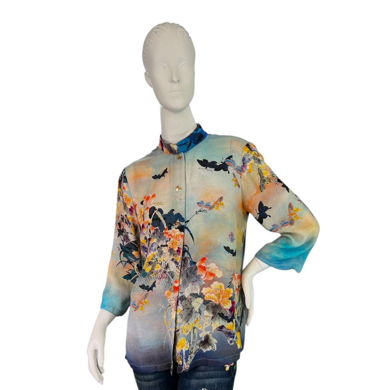 Citron Santa Monica 100% Silk Top Blouse Floral & Butterflies $249 Size Xs